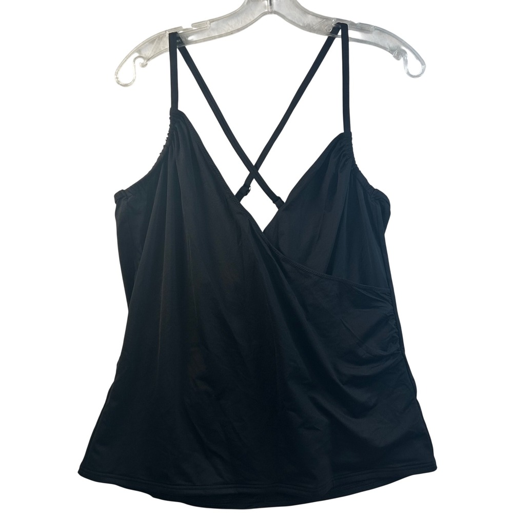 Lands End‎ Black Surplice Wrap Tankini Top Ruched Adjustable Straps Size 16